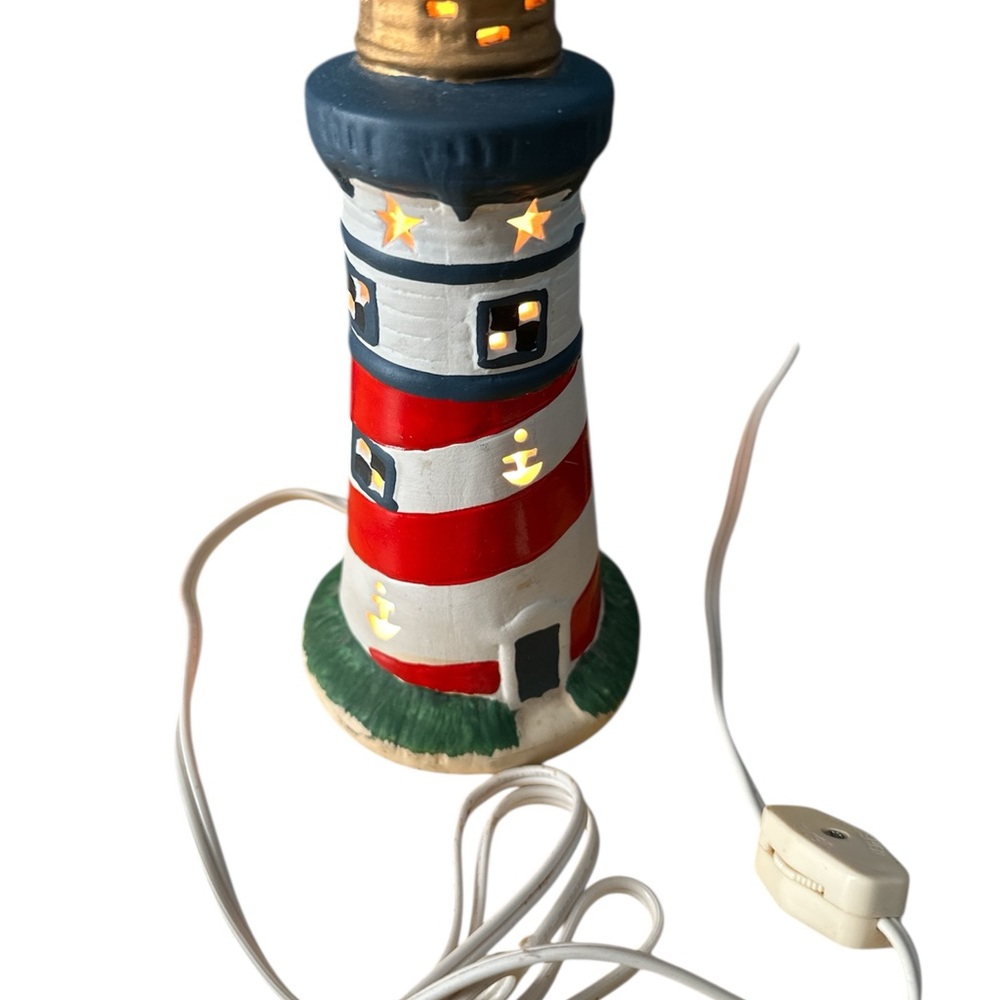 Lighthouse Ceramic Lamp with Red and Blue Stripes